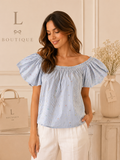 Lichtblauwe Gestreepte Blouse met Pofmouwen