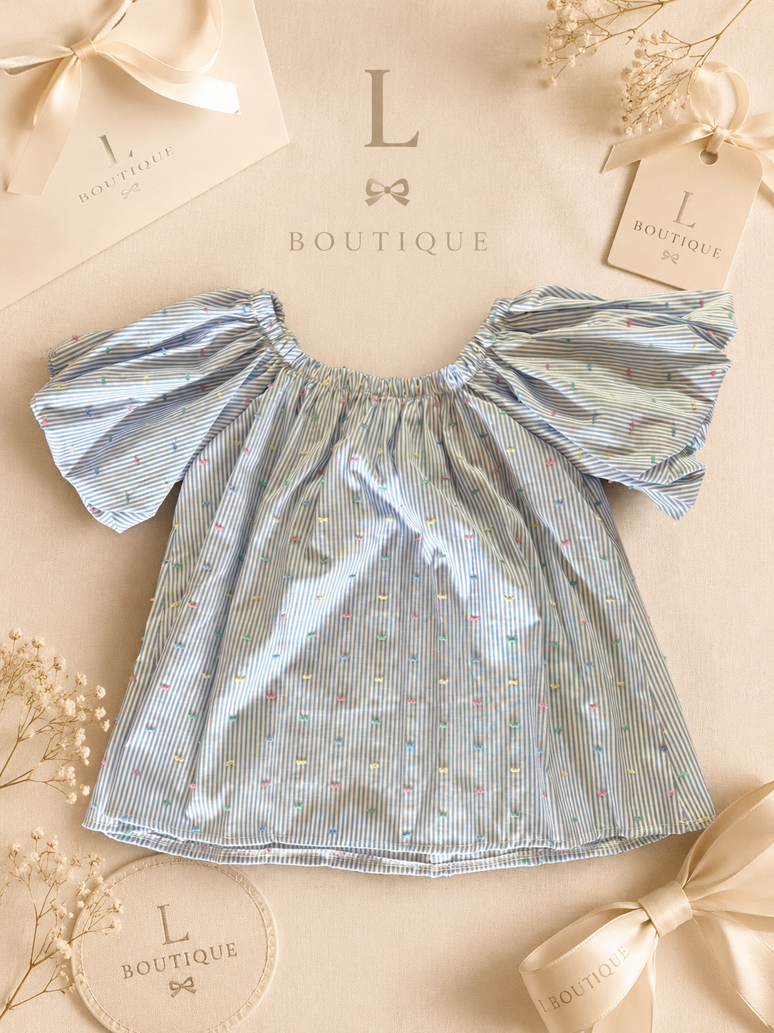 Lichtblauwe Gestreepte Blouse met Pofmouwen