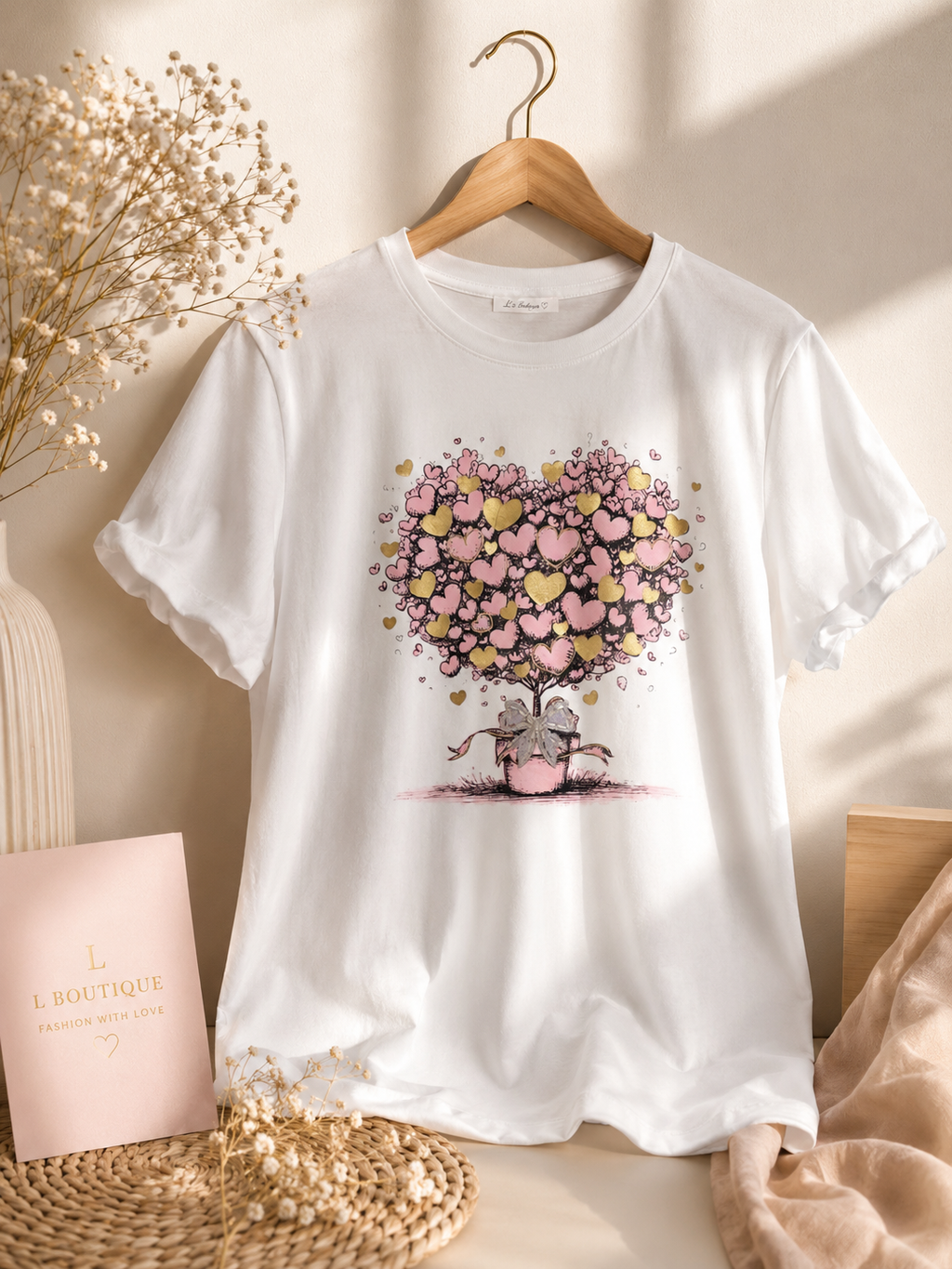 Luxe T-shirt Wit met Roze Print en Goudkleurige Details