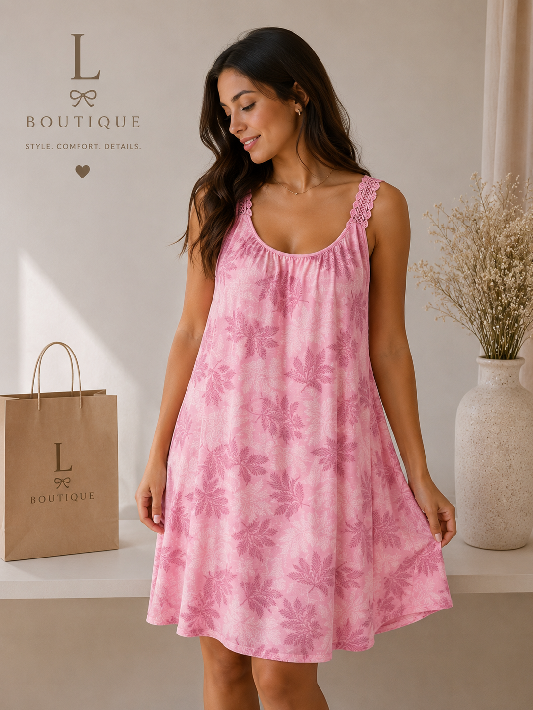 Roze print jurk met gehaakte bandjes | One Size