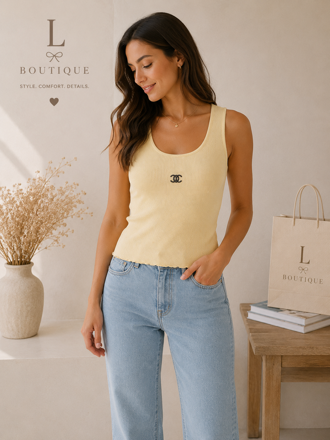 Geribd topje met embleem | One Size | Lichtgeel