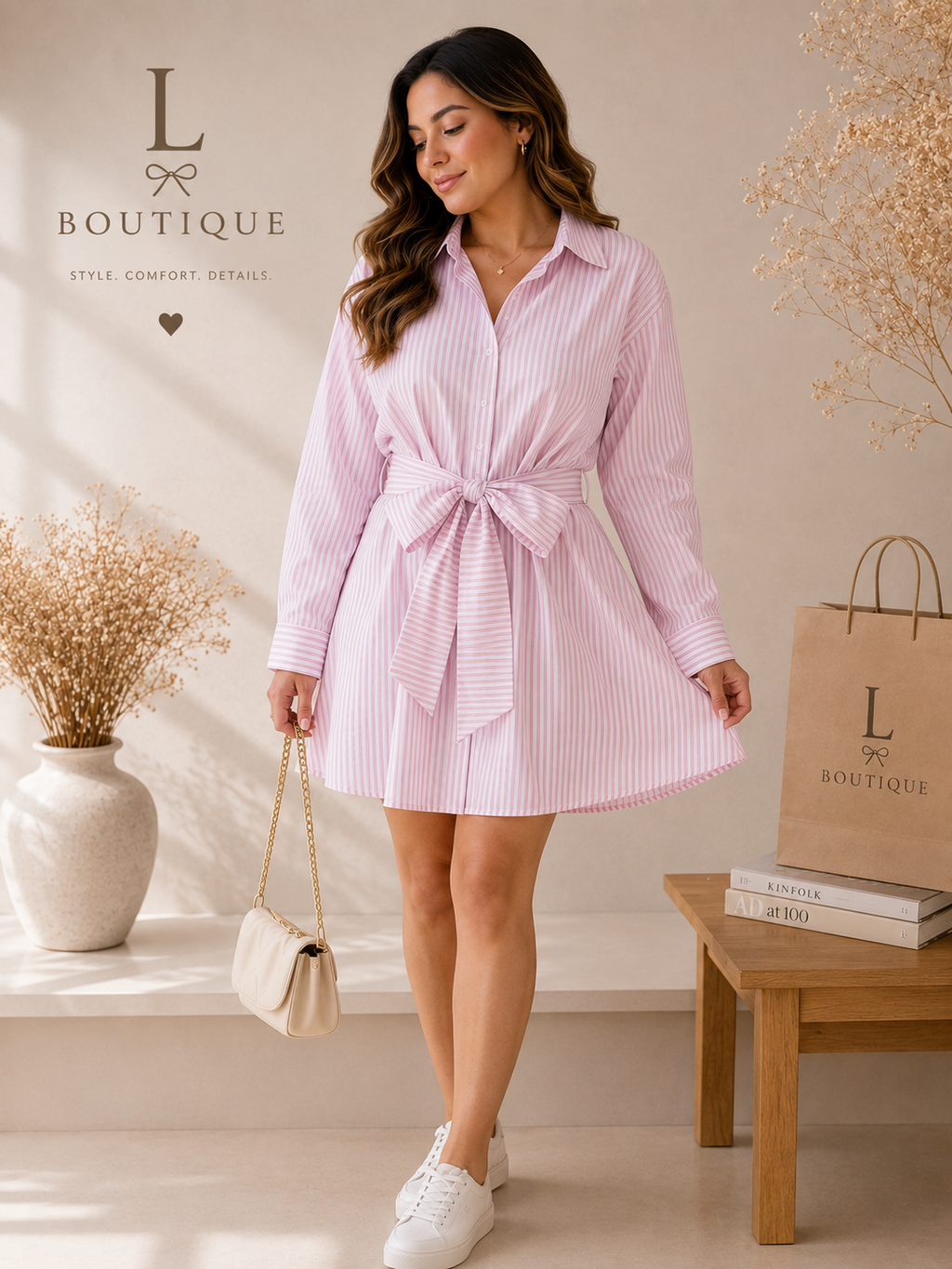 Gestreepte blousejurk met strik | Roze | L
