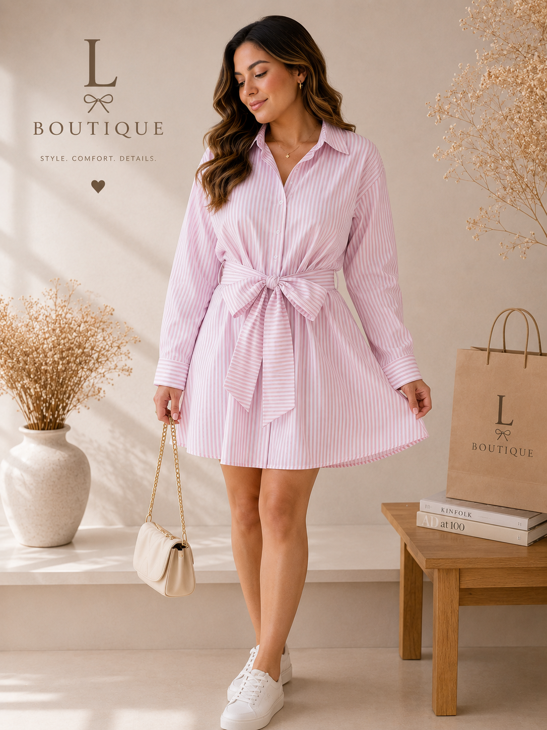 Gestreepte blousejurk met strik | Roze | L
