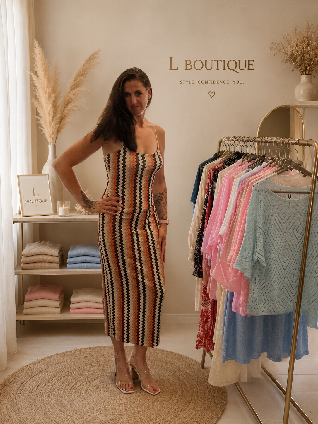 Trendy Aansluitende Stretchjurk met Golfprint – Bruin/Oranje – One Size