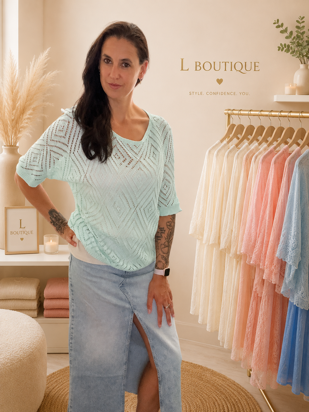 Ajour Gebreide Top met Boothals – Mintgroen – One Size