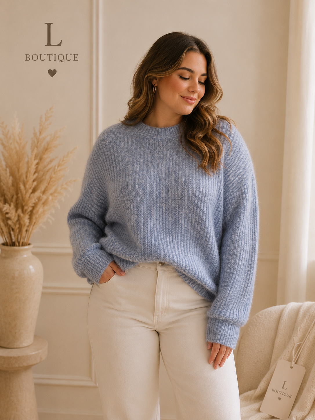Lichtblauwe fluffy trui voorkant – L/XL