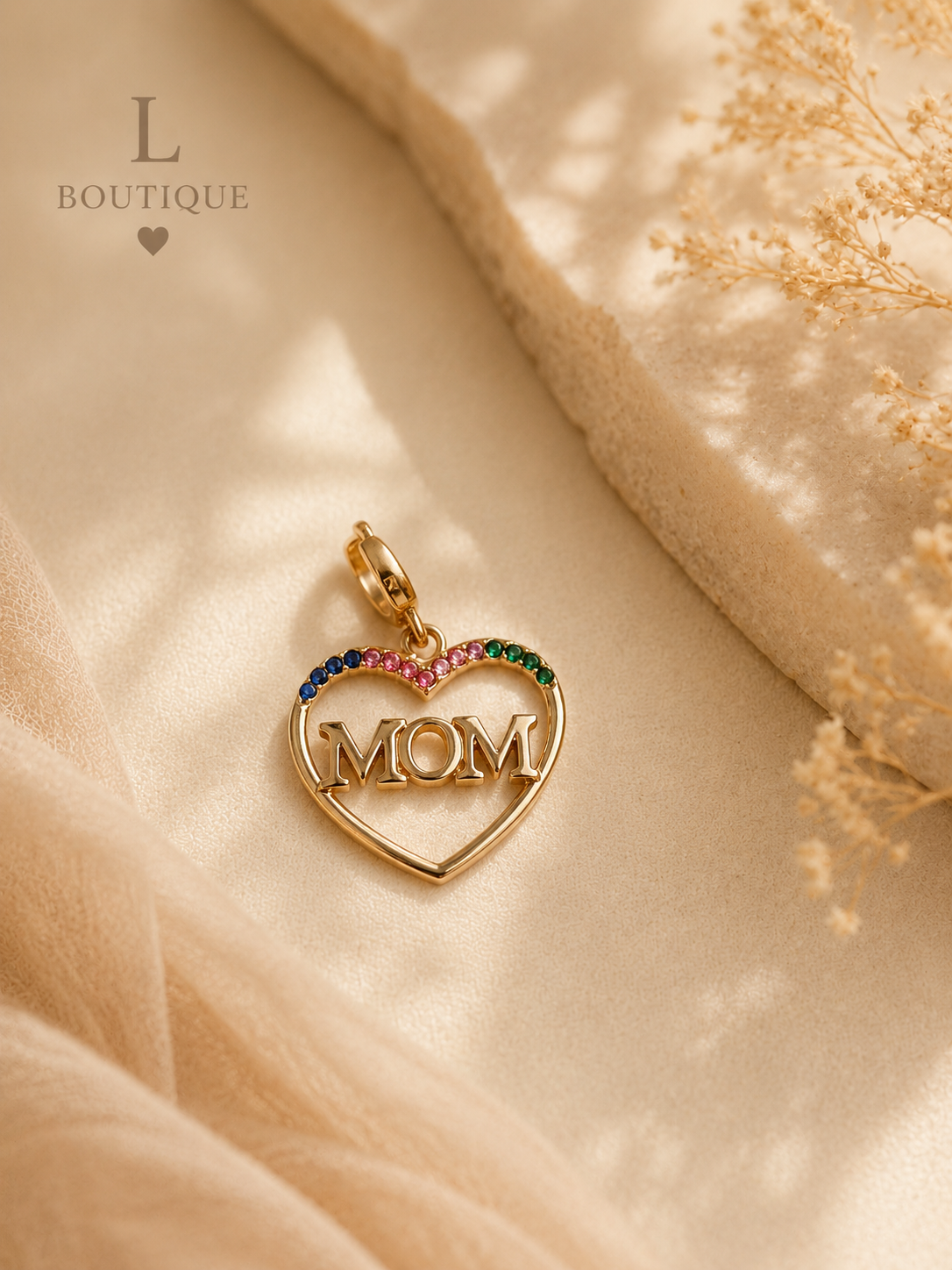 Bedel MOM Hart — Goud met Gekleurde Steentjes