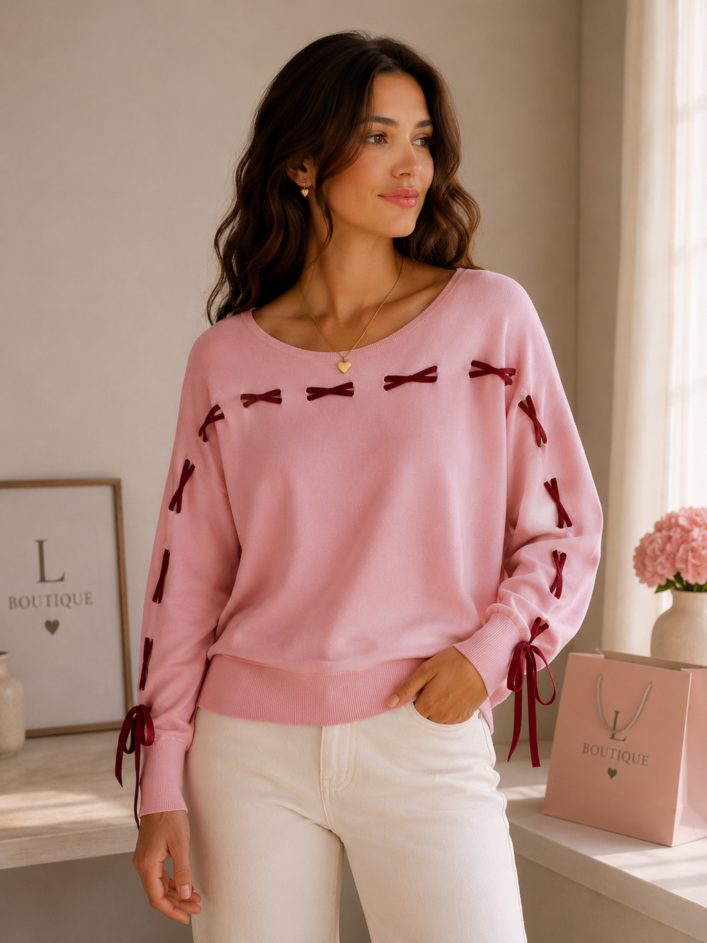 Roze Trui met Strikjes — Bordeaux Detail