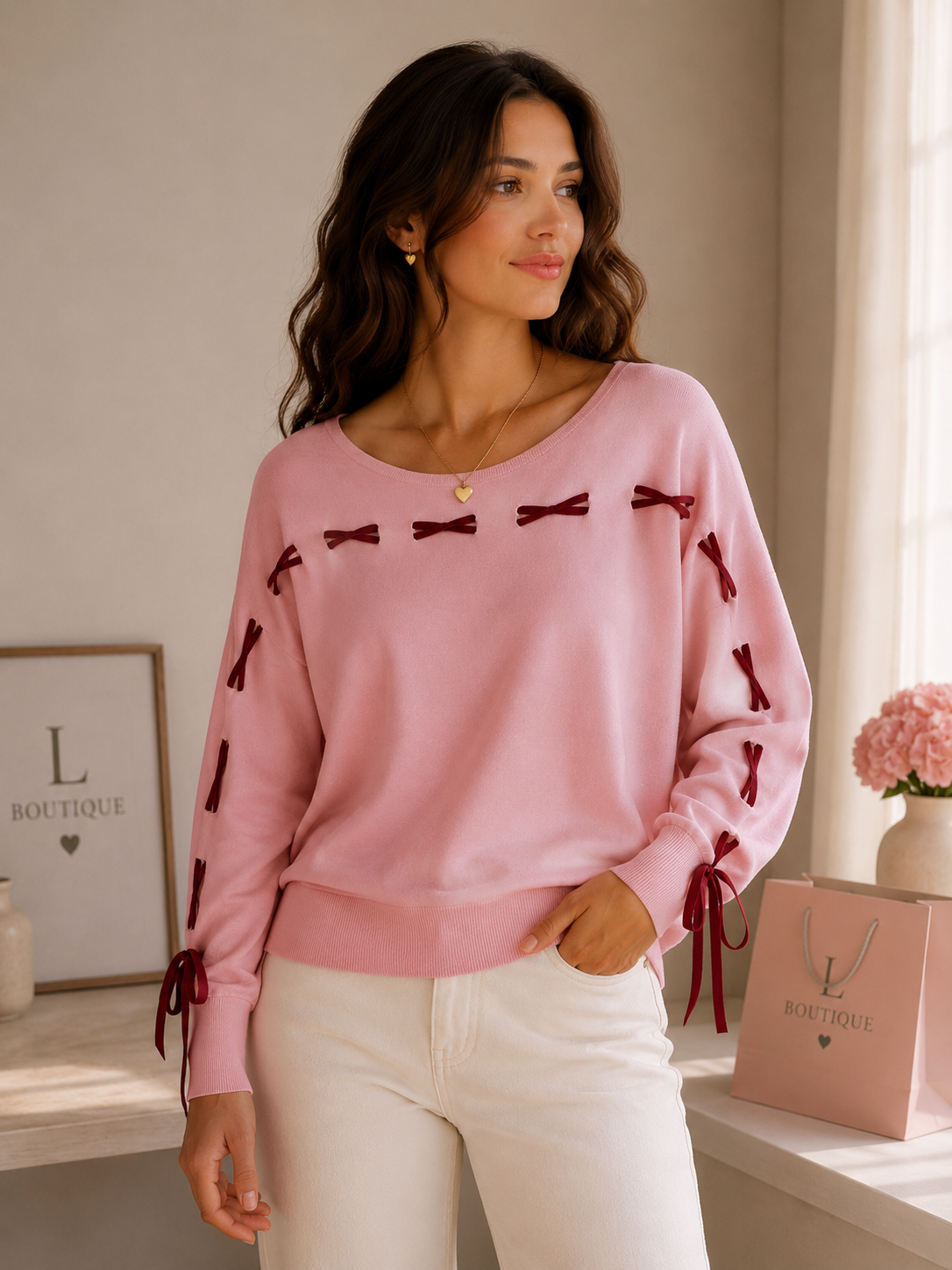 Roze Trui met Strikjes — Bordeaux Detail
