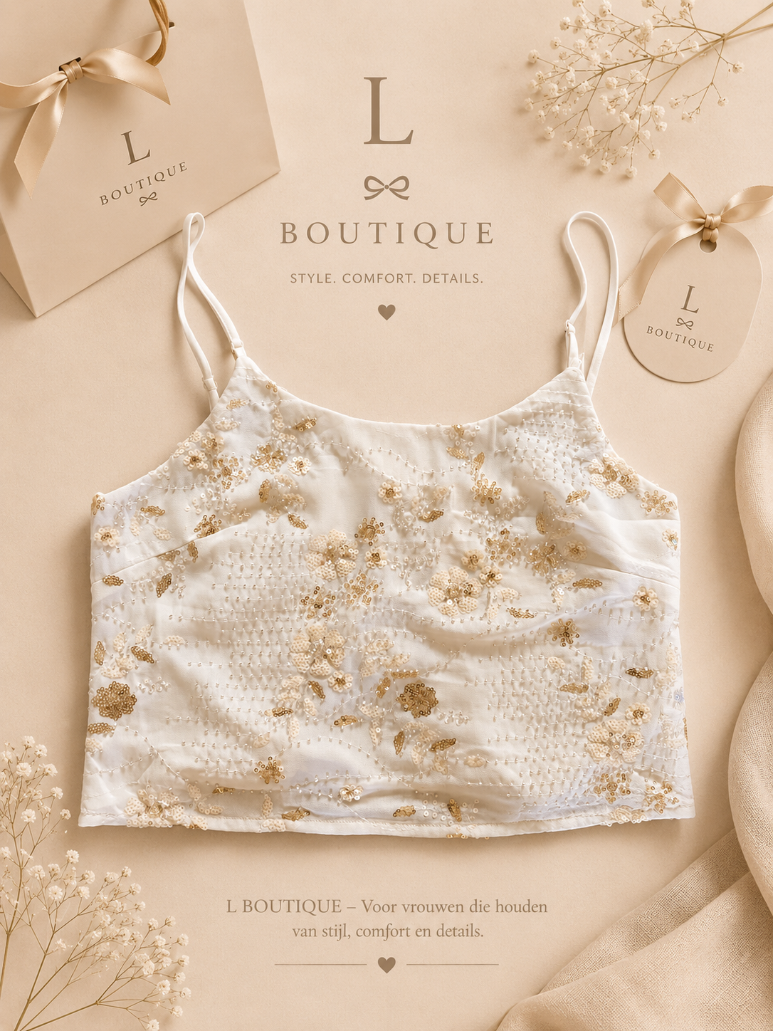 Wit Cami Topje met Gouden Bloemenborduursels