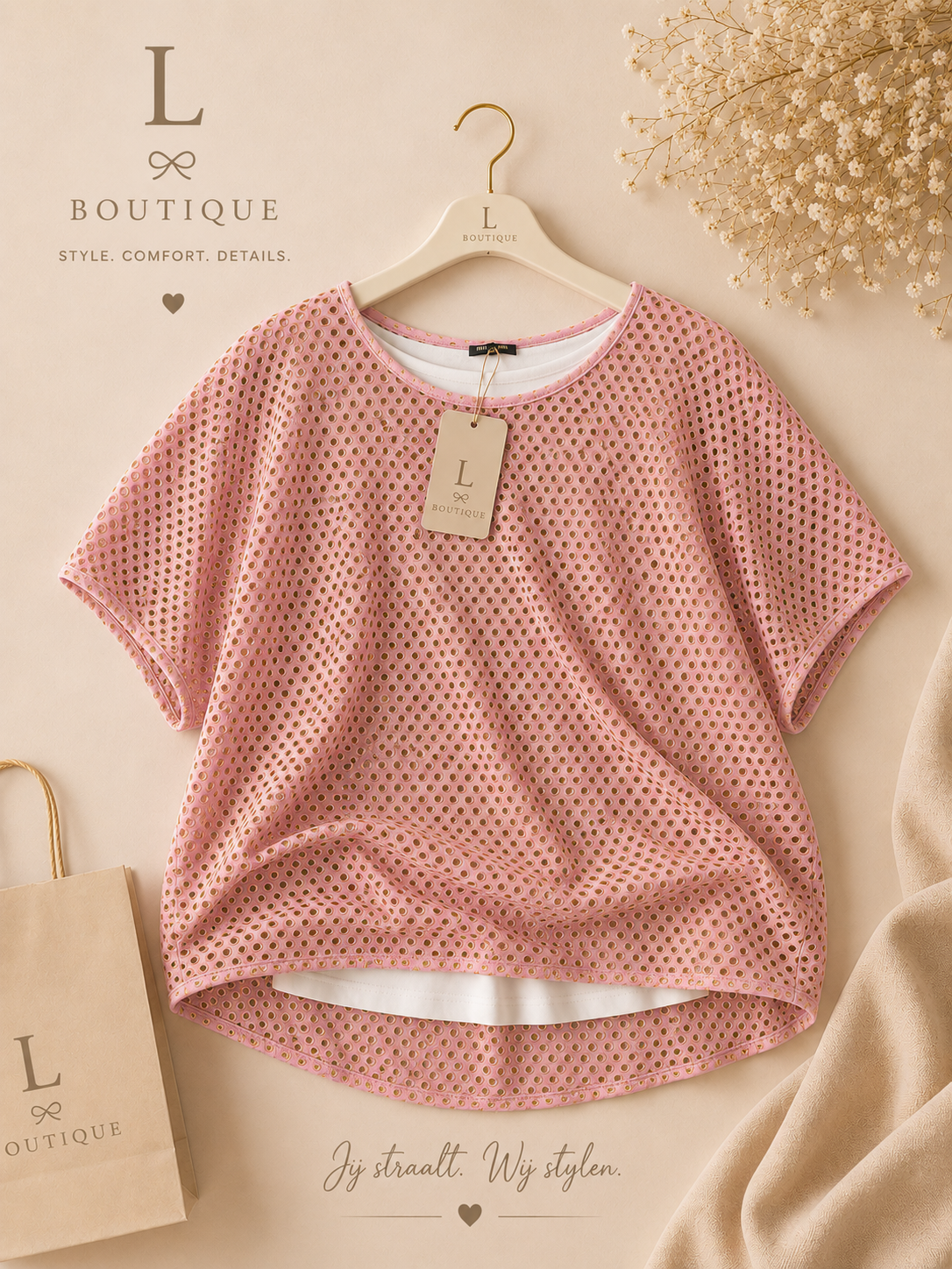 Roze Opengewerkte Oversized Top met Goudglans – Curvy