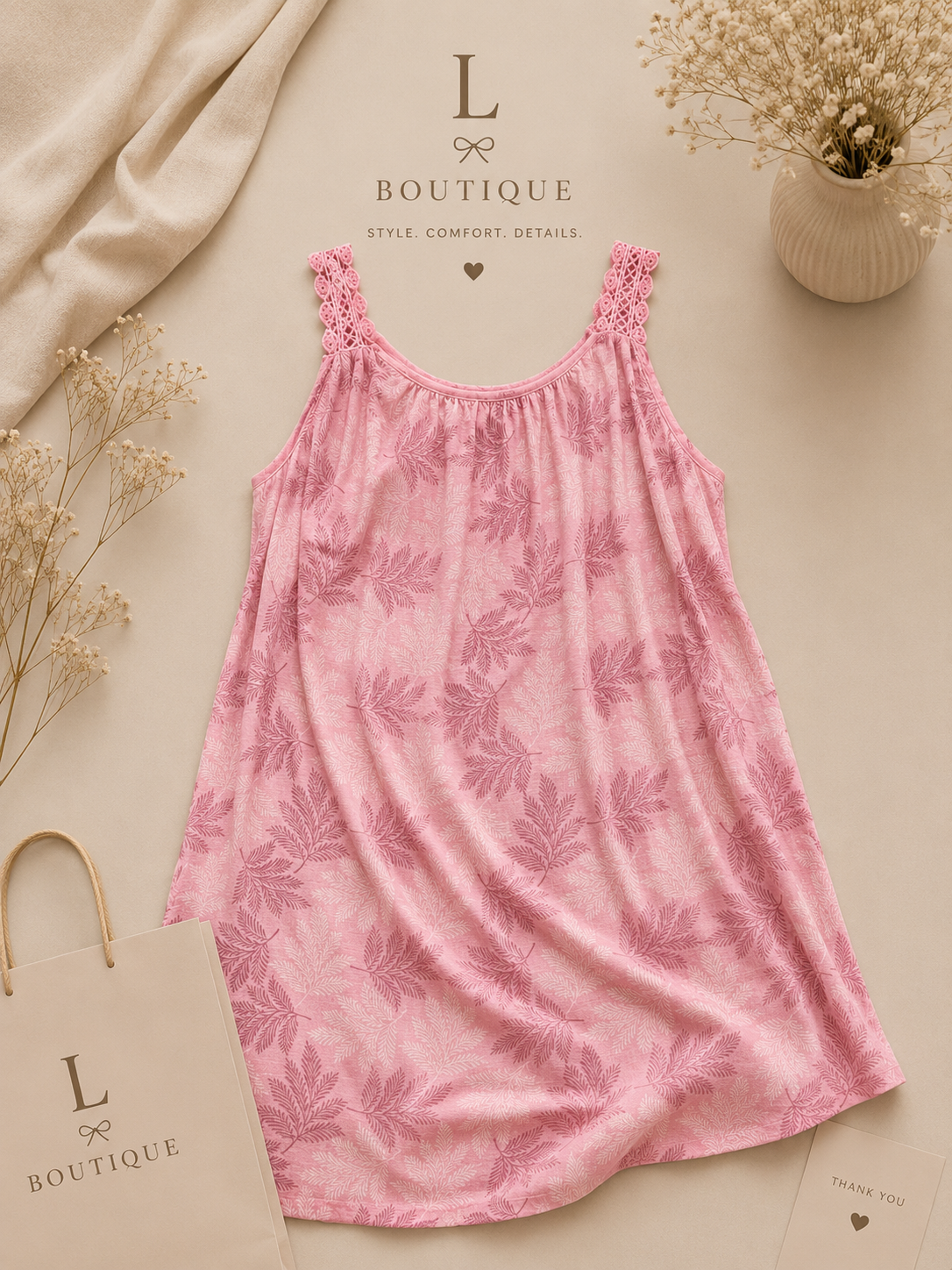 Roze print jurk met gehaakte bandjes | One Size