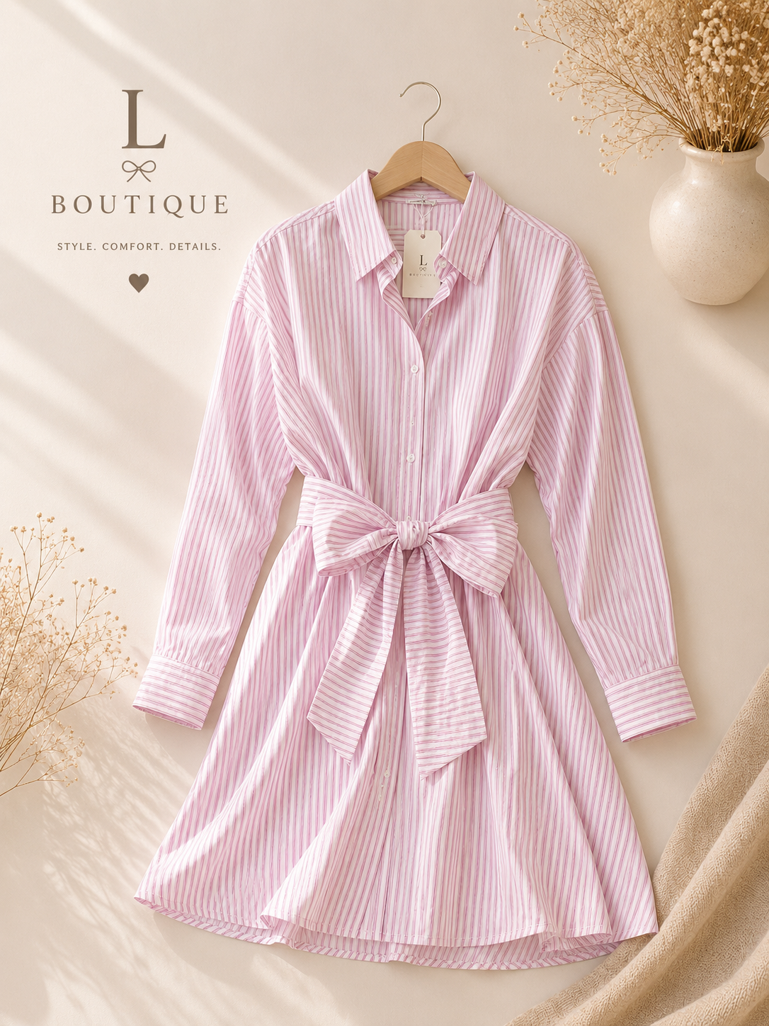 Gestreepte blousejurk met strik | Roze | L