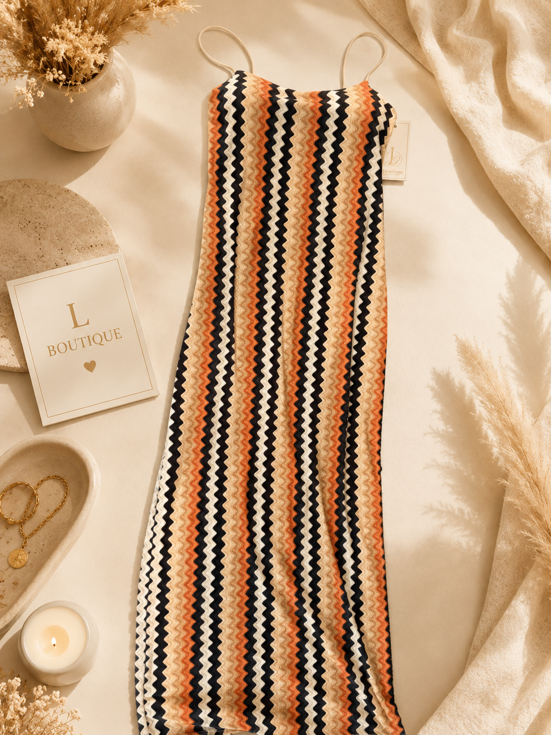 Trendy Aansluitende Stretchjurk met Golfprint – Bruin/Oranje – One Size