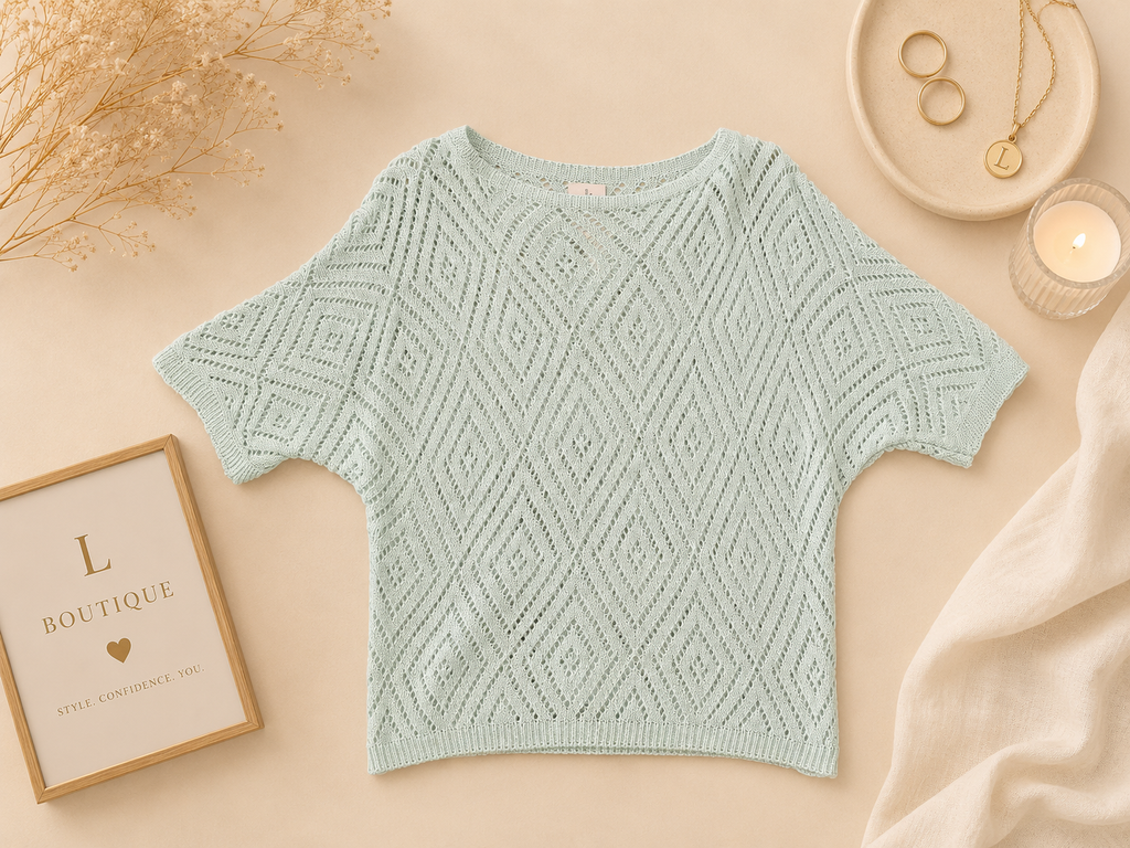 Ajour Gebreide Top met Boothals – Mintgroen – One Size