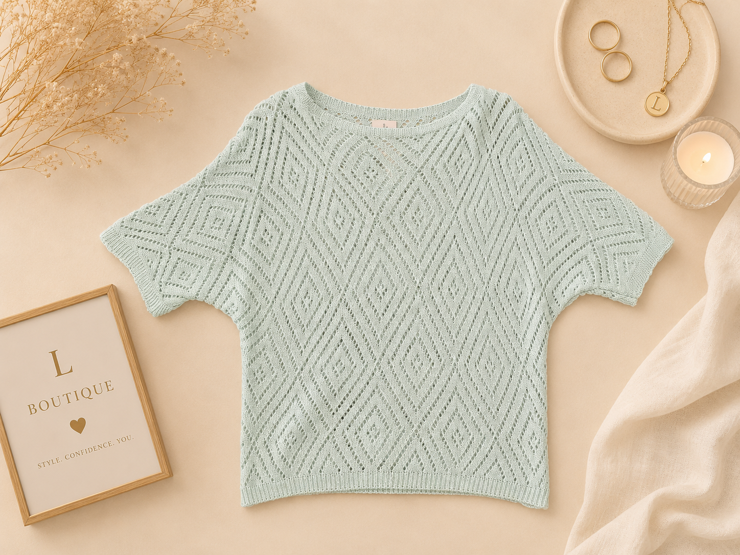 Ajour Gebreide Top met Boothals – Mintgroen – One Size