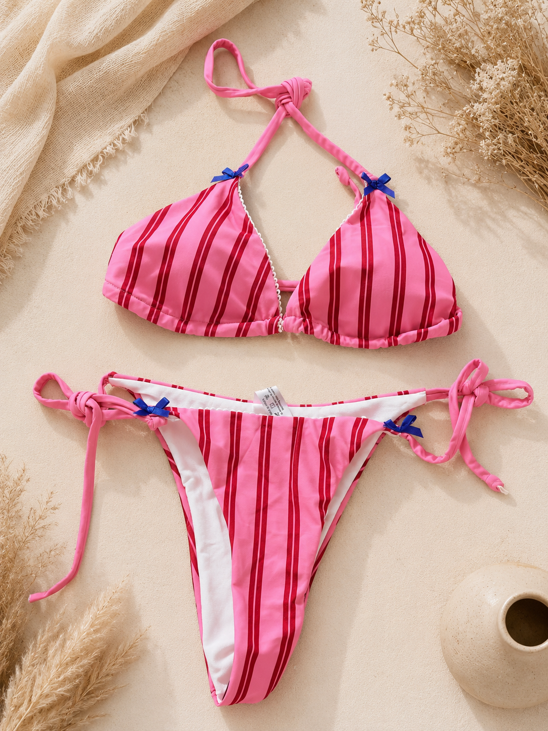 Bikini Set Roze Strepen met Strikjes — L