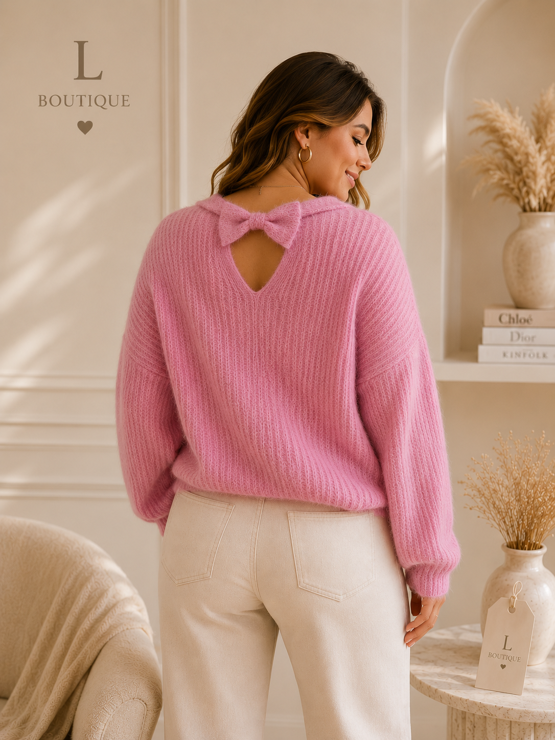 Roze Fluffy Trui met Strikje op de Rug – L/XL