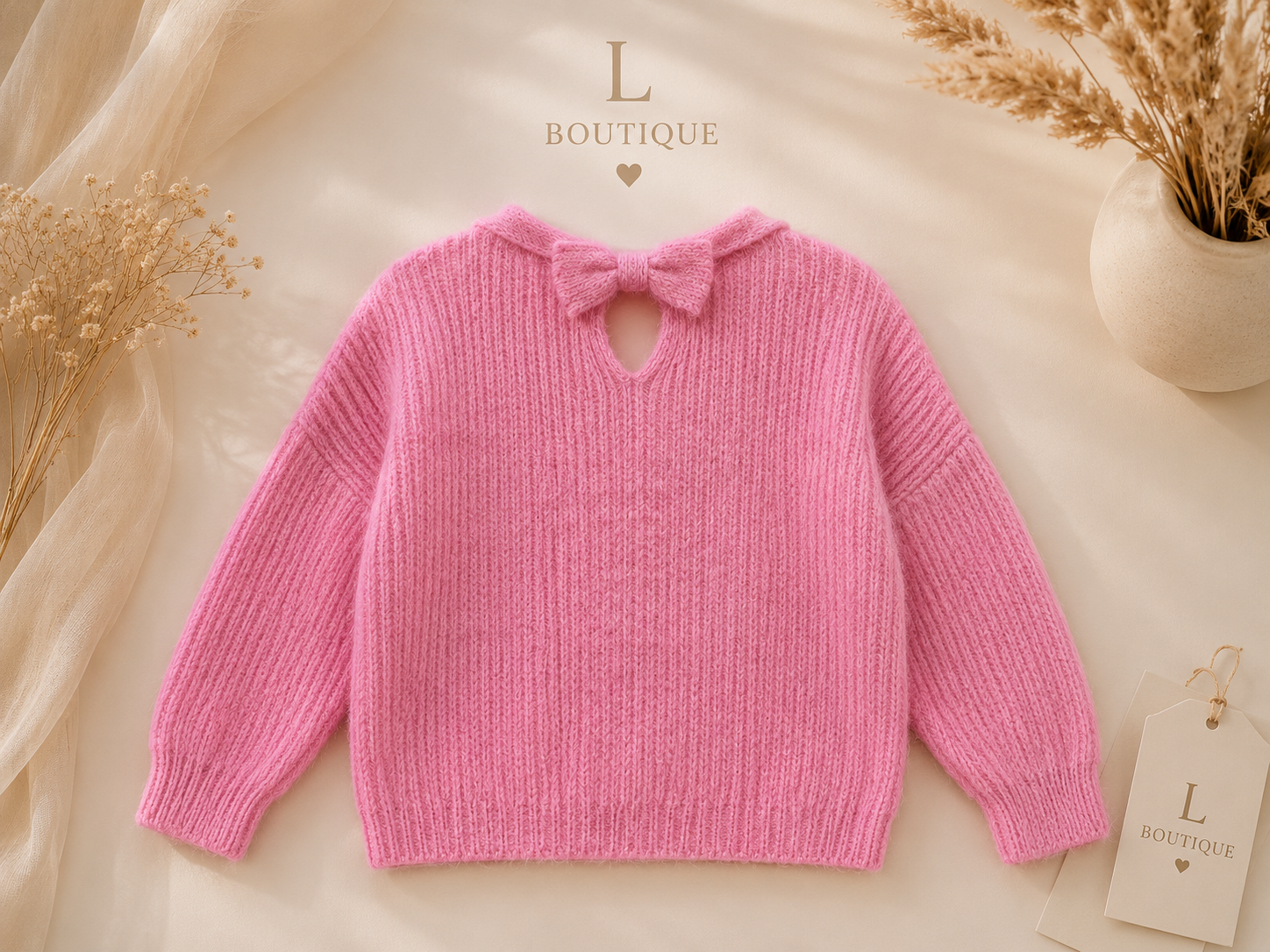 Roze Fluffy Trui met Strikje op de Rug – L/XL