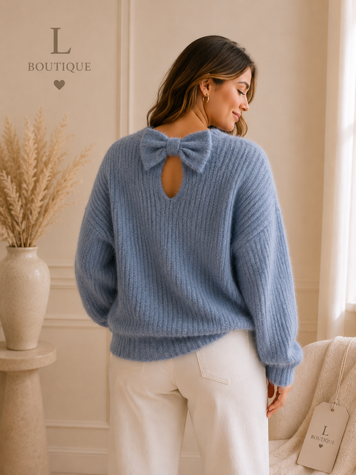 Blauwe Fluffy Trui met Strikje op de Rug – L/XL