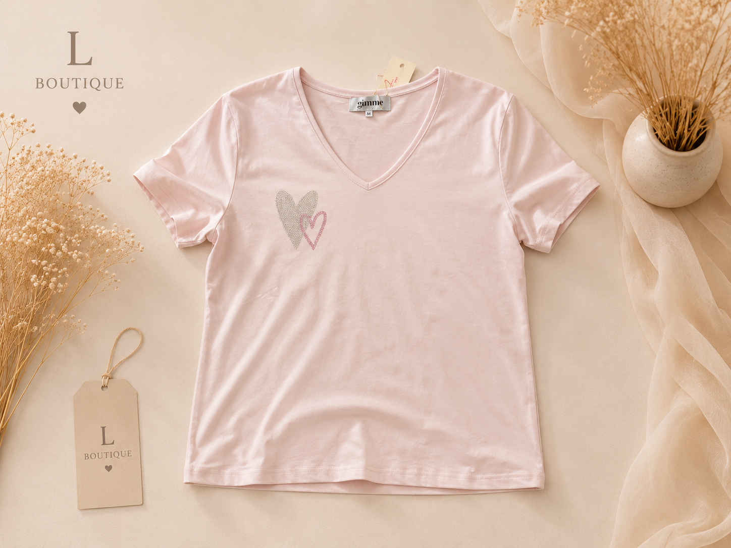 T-shirt Hartjes V-hals — Roze