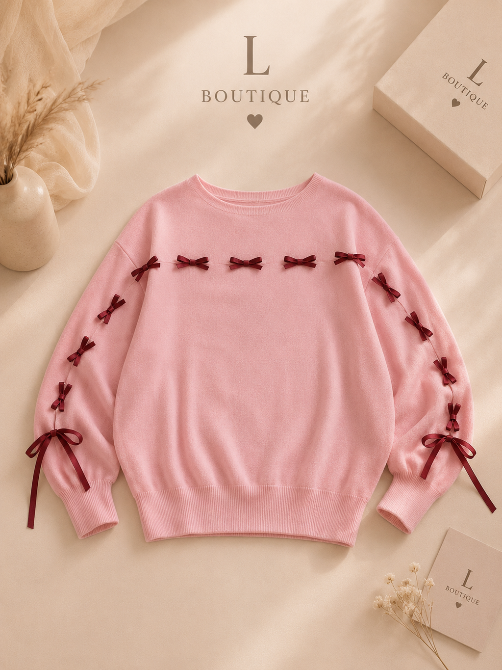 Roze Trui met Strikjes — Bordeaux Detail