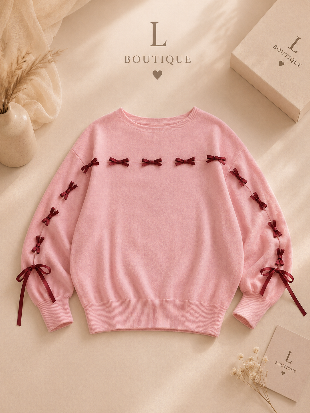 Roze Trui met Strikjes — Bordeaux Detail