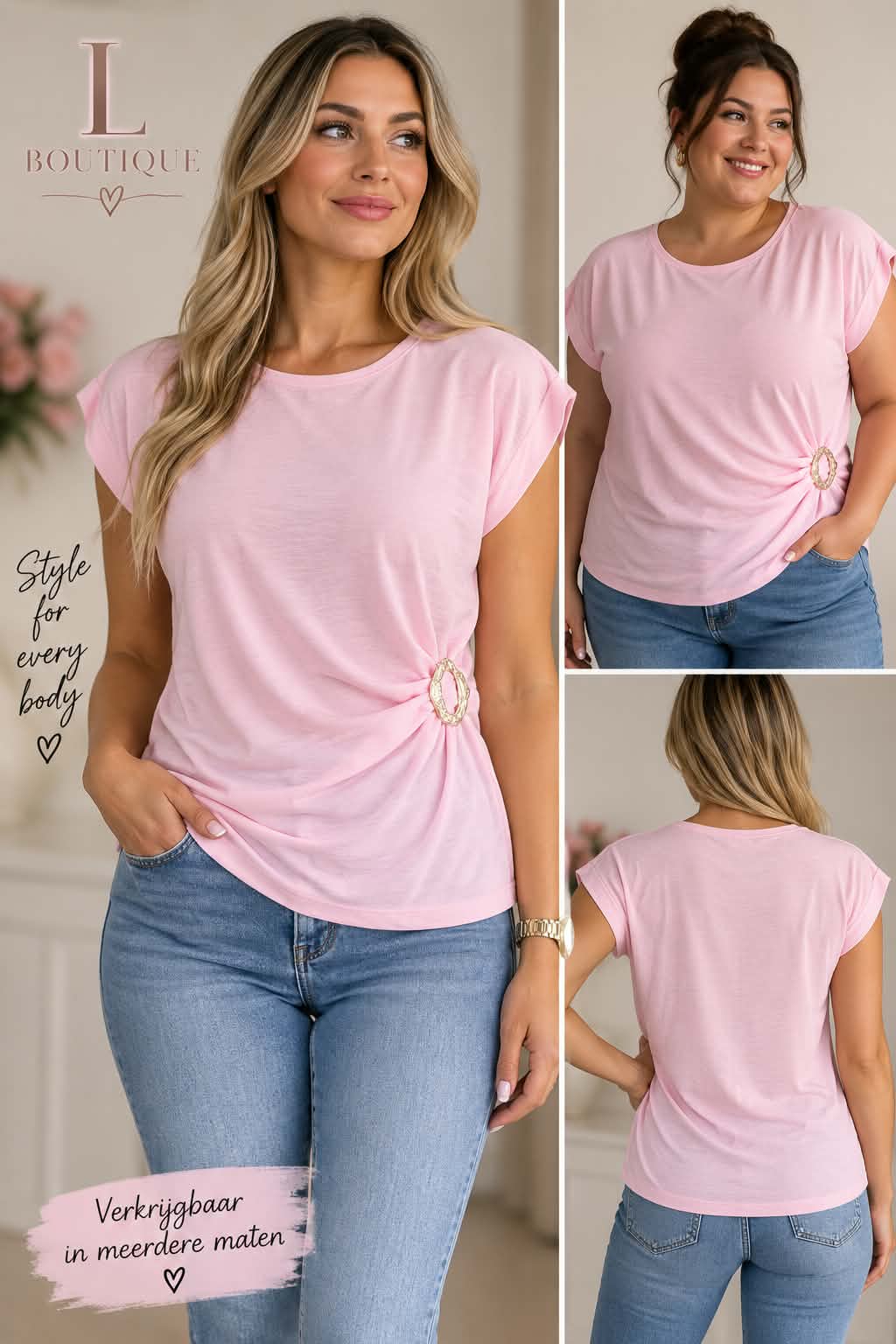 Roze top met gouden detail, getoond in meerdere maten