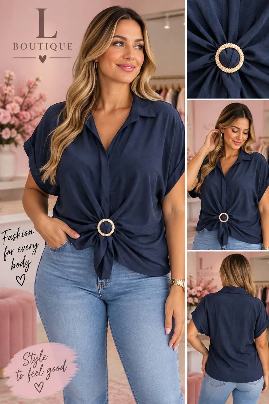 Blouse met knoopdetail in marineblauw